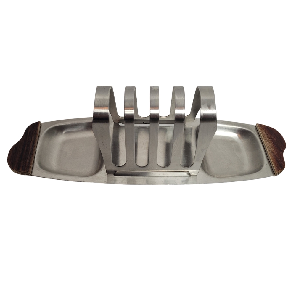Vintage 1960's Japan stainless steel and wood bread holder